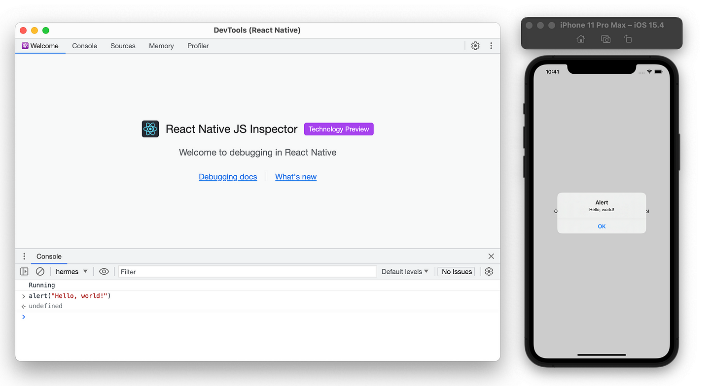 A screenshot of the React Native JS inspector, executing alert('Hello, world!') which is reflected an adjacent simulator