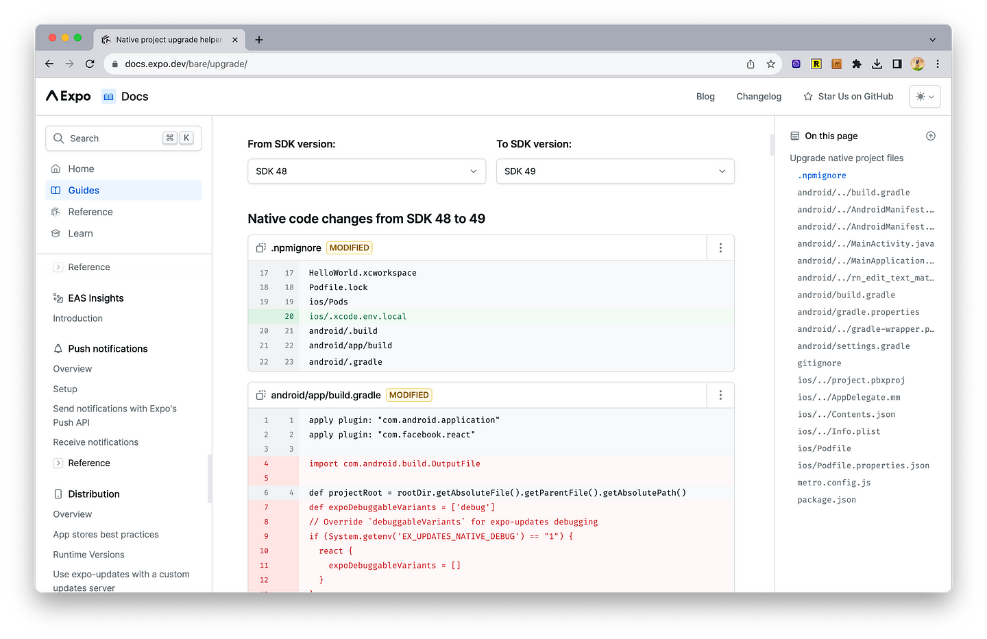 A screenshot of the native project upgrade helper documentation page, showing a diff of two files